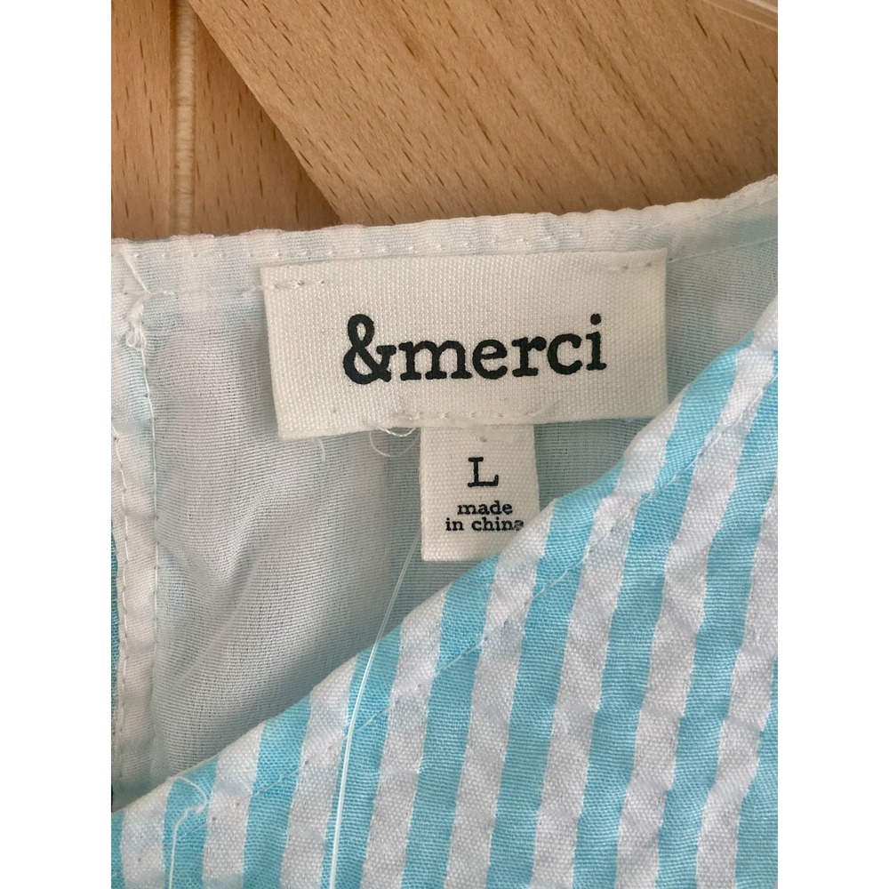 NWT Merci Aqua White Large Smock Ruffle Puff Sleeve Seersucker Dress Coastal - Picture 3 of 8
